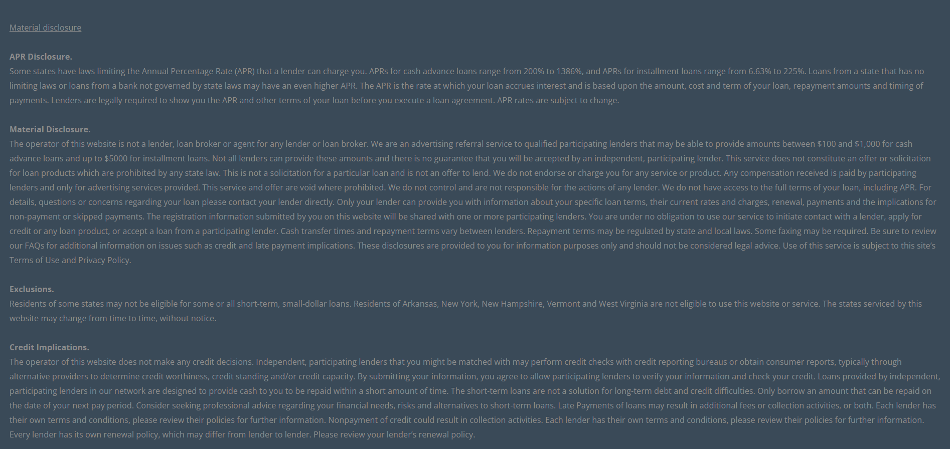 Material disclosure for payday loans in Virginia Beach Virginia